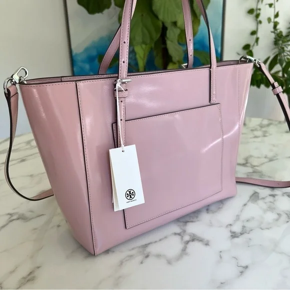 NWT Tory Burch Emerson Small Tote Clay Pink Patent Leather Shoulder Crossbody